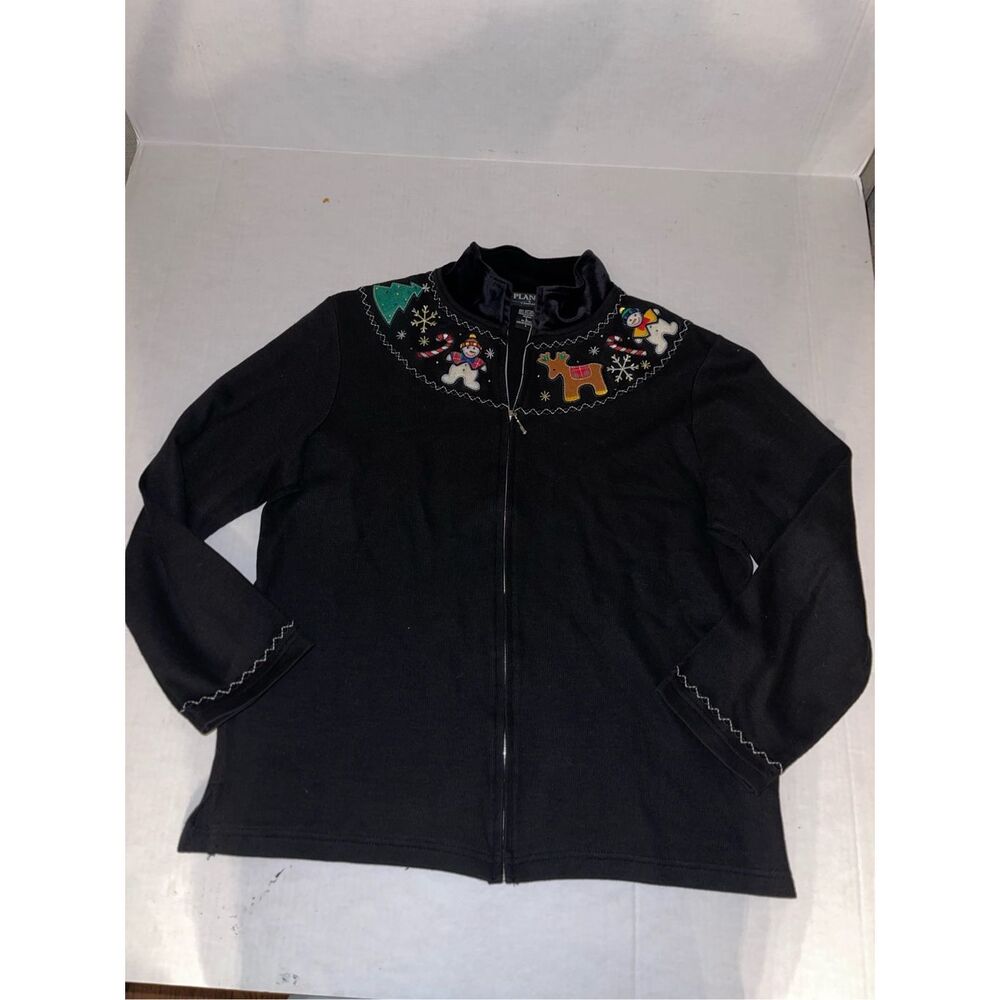 Planet Company Womens L Large‎ Black Ugly Christmas Sweater Cardigan Snowman A54